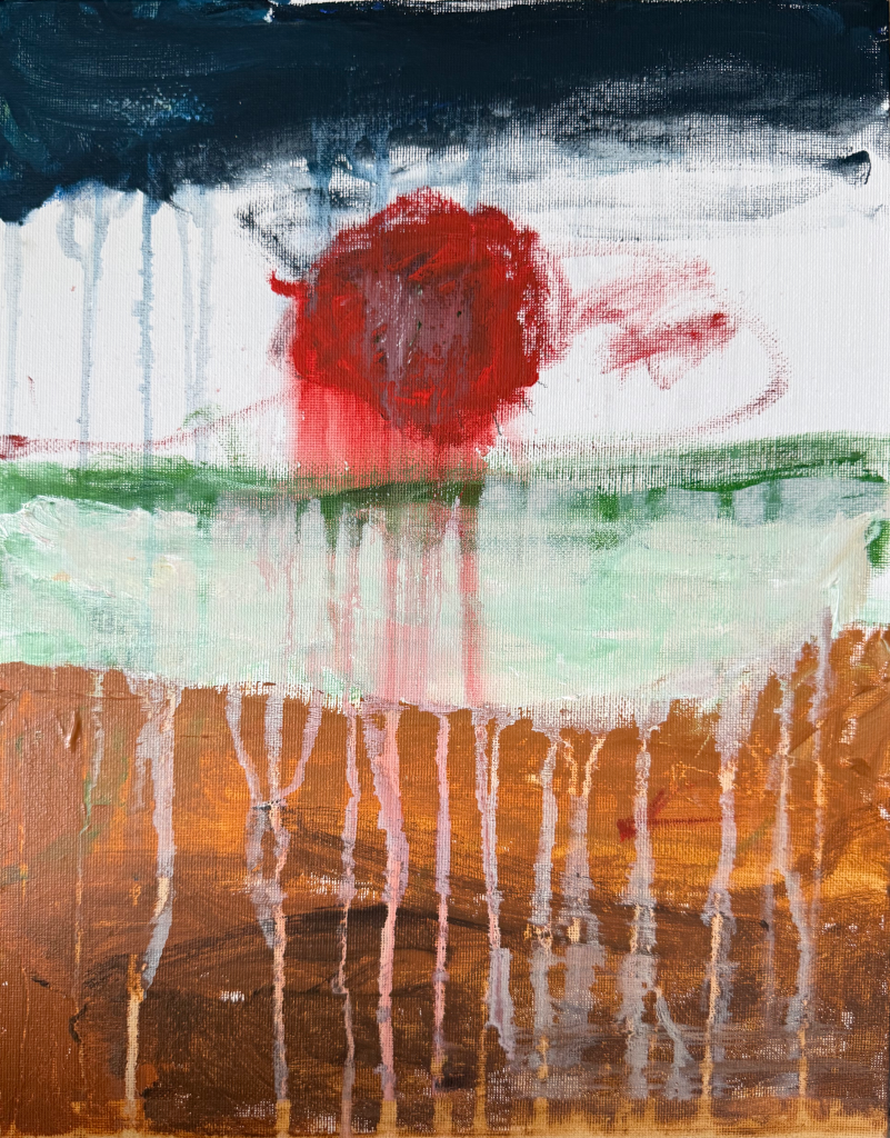 An abstract painting featuring a dark blue sky, a large red circular shape, and streaks of green and brown at the bottom, with paint drips running down the canvas.